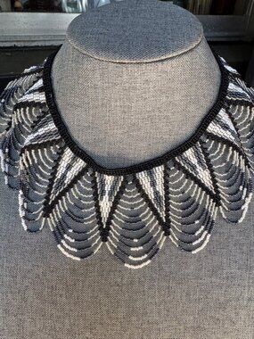 Beaded Black & White Art Deco-Style Statement Necklace